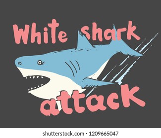 Cute Shark hand drawn sketch, T-shirt print design vector illustration.