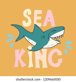 Cute Shark hand drawn sketch, T-shirt print design vector illustration.
