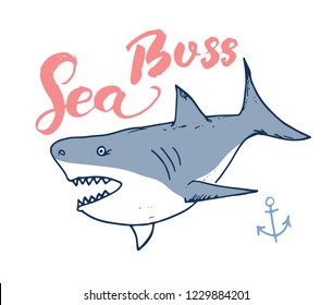 Cute Shark hand drawn sketch, T-shirt print design vector illustration.