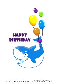 Cute Shark happy birthday. Card. Fishes