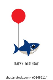 cute shark happy birthday greeting card with balloon