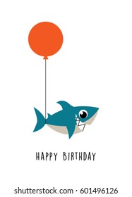 cute shark happy birthday greeting card with balloon