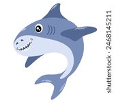 Cute shark. Happy underwater animal with eyes and mouth. Childish character. Colored flat cartoon vector illustration