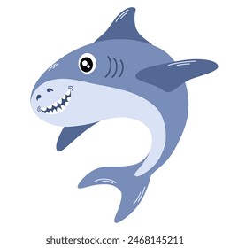 Cute shark. Happy underwater animal with eyes and mouth. Childish character. Colored flat cartoon vector illustration