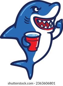 Cute Shark Holding a Big Red Solo Cup and Smiling