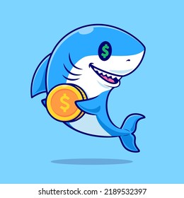 Cute Shark Holding Gold Coin Cartoon Vector Icon Illustration. Animal Finance Icon Concept Isolated Premium Vector. Flat Cartoon Style