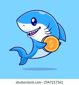 Cute Shark Holding Gold Coin Cartoon Vektor Symbol Illustration. 
Animal Finance Icon Konzept isolierter Premium-Vektor. Flach 
Cartoon-Stil 