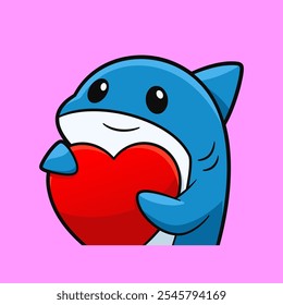 Cute Shark Holding Heart Cartoon Illustration