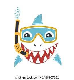 Cute shark illustration with diving equipment cartoon vector illustration on white background