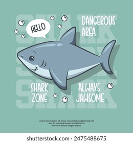 Cute Shark Jawsome Danger Area. Cute Cartoon Illustration