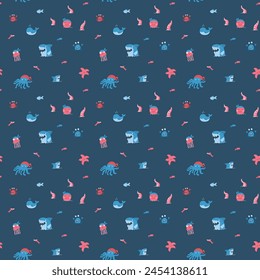 Cute shark and kraken Seamless Pattern. Cartoon sea animals and fish background. Vector illustration.