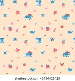 Cute shark and kraken Seamless Pattern. Cartoon sea animals and fish background. Vector illustration.