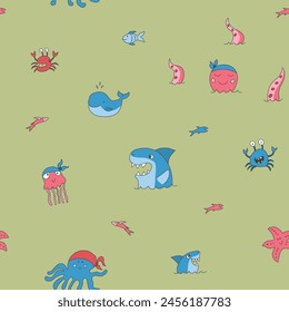 Cute shark and kraken Seamless Pattern. Cartoon sea animals and fish background. Vector illustration.