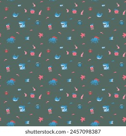 Cute shark and kraken Seamless Pattern. Cartoon sea animals and fish background. Vector illustration.