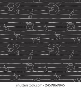 Cute shark and kraken Seamless Pattern. Cartoon sea animals and fish background. Vector illustration.