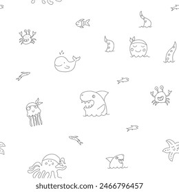 Cute shark and kraken Seamless Pattern. Cartoon sea animals and fish background. Vector illustration.