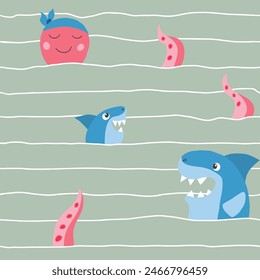 Cute shark and kraken Seamless Pattern. Cartoon sea animals and fish background. Vector illustration.