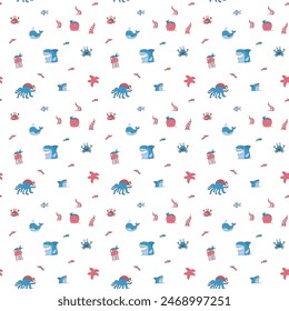 Cute shark and kraken Seamless Pattern. Cartoon sea animals and fish background. Vector illustration.