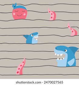 Cute shark and kraken Seamless Pattern. Cartoon sea animals and fish background. Vector illustration.