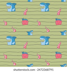 Cute shark and kraken Seamless Pattern. Cartoon sea animals and fish background. Vector illustration.