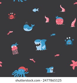 Cute shark and kraken Seamless Pattern. Cartoon sea animals and fish background. Vector illustration.