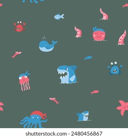 Cute shark and kraken Seamless Pattern. Cartoon sea animals and fish background. Vector illustration.