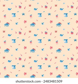 Cute shark and kraken Seamless Pattern. Cartoon sea animals and fish background. Vector illustration.