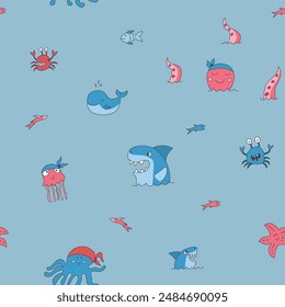 Cute shark and kraken Seamless Pattern. Cartoon sea animals and fish background. Vector illustration.