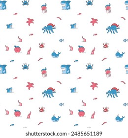 Cute shark and kraken Seamless Pattern. Cartoon sea animals and fish background. Vector illustration.