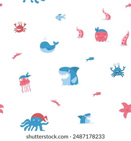 Cute shark and kraken Seamless Pattern. Cartoon sea animals and fish background. Vector illustration.