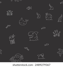 Cute shark and kraken Seamless Pattern. Cartoon sea animals and fish background. Vector illustration.