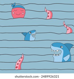 Cute shark and kraken Seamless Pattern. Cartoon sea animals and fish background. Vector illustration.