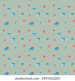 Cute shark and kraken Seamless Pattern. Cartoon sea animals and fish background. Vector illustration.