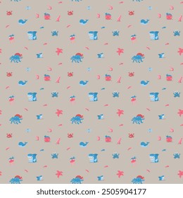 Cute shark and kraken Seamless Pattern. Cartoon sea animals and fish background. Vector illustration.