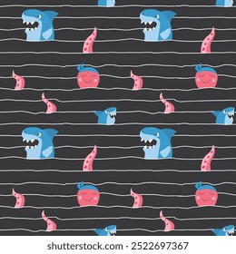 Cute shark and kraken Seamless Pattern. Cartoon sea animals and fish background. Vector illustration.