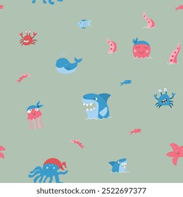 Cute shark and kraken Seamless Pattern. Cartoon sea animals and fish background. Vector illustration.