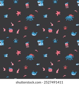 Cute shark and kraken Seamless Pattern. Cartoon sea animals and fish background. Vector illustration.