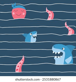 Cute shark and kraken Seamless Pattern. Cartoon sea animals and fish background. Vector illustration.