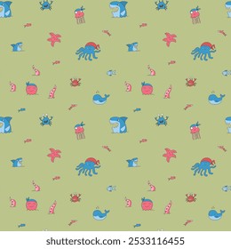 Cute shark and kraken Seamless Pattern. Cartoon sea animals and fish background. Vector illustration.