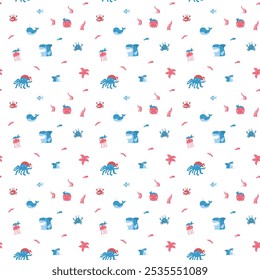 Cute shark and kraken Seamless Pattern. Cartoon sea animals and fish background. Vector illustration.