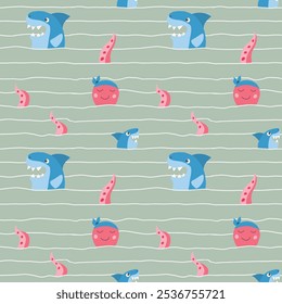 Cute shark and kraken Seamless Pattern. Cartoon sea animals and fish background. Vector illustration.