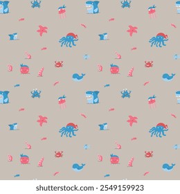 Cute shark and kraken Seamless Pattern. Cartoon sea animals and fish background. Vector illustration.