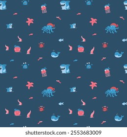 Cute shark and kraken Seamless Pattern. Cartoon sea animals and fish background. Vector illustration.