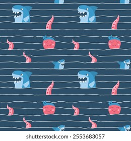 Cute shark and kraken Seamless Pattern. Cartoon sea animals and fish background. Vector illustration.