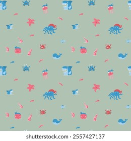 Cute shark and kraken Seamless Pattern. Cartoon sea animals and fish background. Vector illustration.