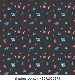 Cute shark and kraken Seamless Pattern. Cartoon sea animals and fish background. Vector illustration.