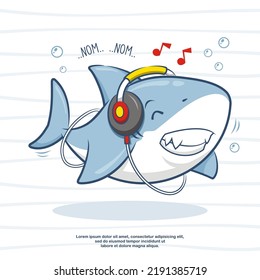 Cute Shark Listening To Music With Headset, Cartoon Illustration