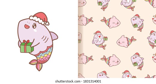 cute shark mermaid cartoon pattern seamless with pink background for Christmas 