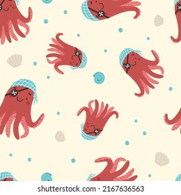 Patrón transparente de vector pirata de tiburón y pulpo. Conchas marinas y burbujas. Impresión gráfica para tejidos, papel de regalo, tarjetas y artículos para bebés