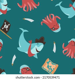 Cute shark and octopus pirate vector seamless pattern. Underwater animals dressed as pirates. Treasure map, flag with skull and crossbones and sword. Graphic print for fabrics, gift paper, baby items